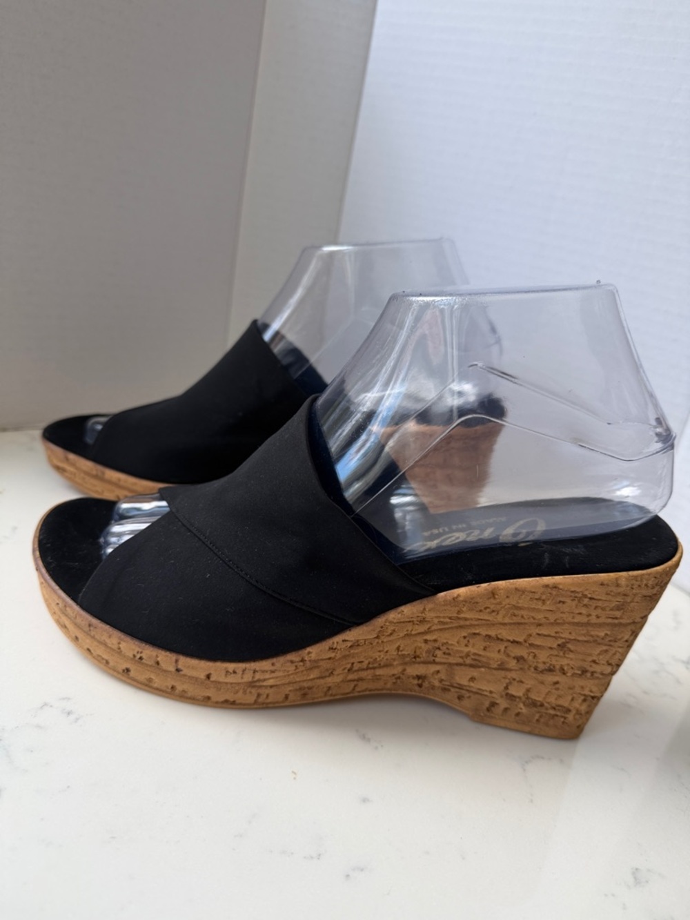 ONEX Black Stretch Wedge Sandals Cork Look Platform Size 8US/39UE Made in USA